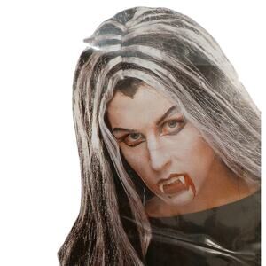 WIG Vampire Costume 24" Long Black Gray Streaks Hair Goth Witch Hair Halloween